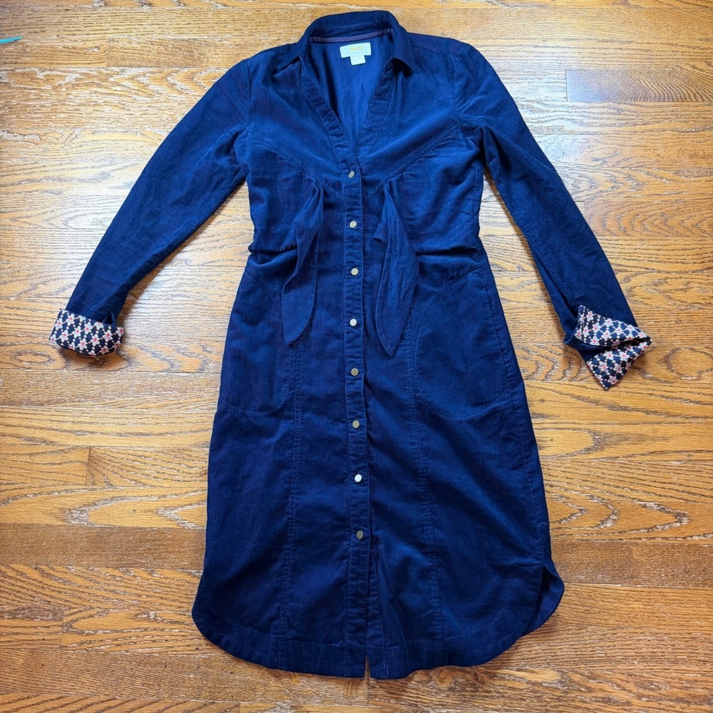 Maeve Anthropologie Navy Blue Corduroy Tie Front Boho Dress Womens Size 0 Fall - Picture 2 of 11